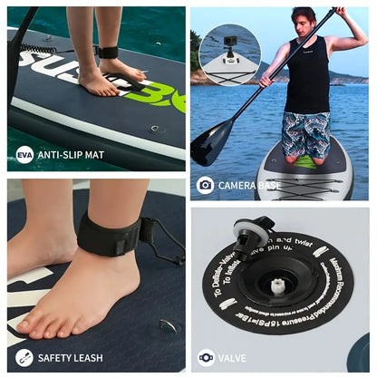 Adult inflatable upright paddleboard, 10.6ft inflatable yoga board, super surfboard with multiple accessories, multi-layer deck, travel backpack, wide upright position suitable for various scenarios, maximum weight capacity of 300 pounds.