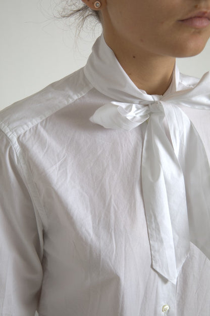 Dolce & Gabbana White Cotton Ascot Collar Long Sleeves Top
