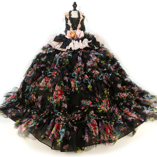 Luxury Floral Dog Dress with Ruffled Skirt & Pink Bow