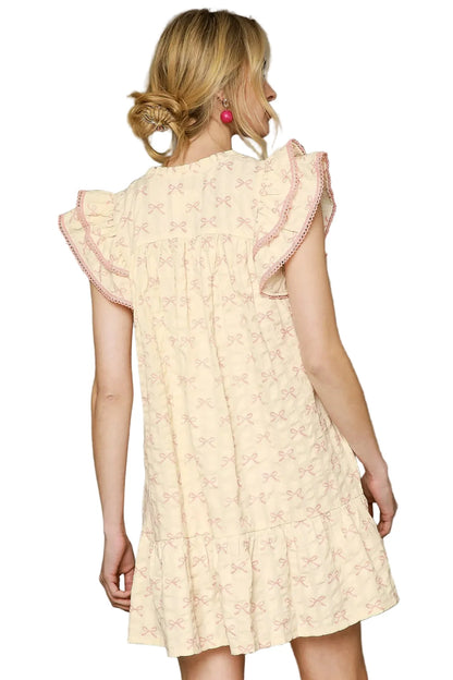 Bow Print Ruffled Cap Sleeve Mini Dress