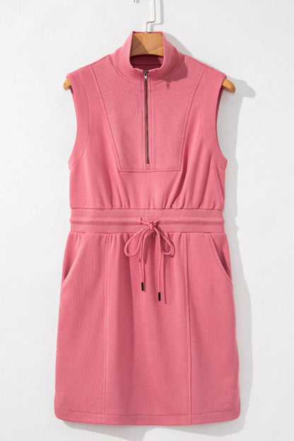 French Terry Zipped Collar Sleeveless Drawstring Waist Mini Dress