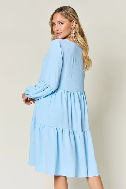 Full-Size V-Neck Balloon Sleeve Tiered Dress with Pockets