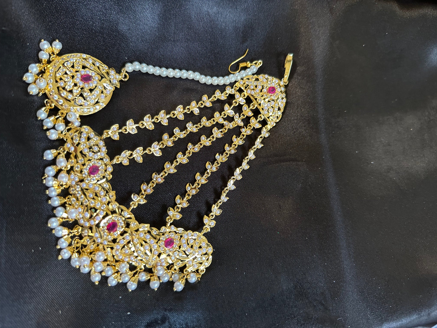 Ruby pearl and zircon jadau bridal jhoomar tika ( SHIPS IN 4 WEEKS )