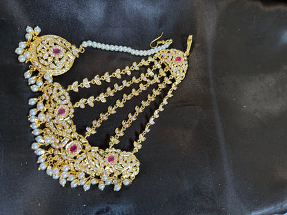 Ruby pearl and zircon jadau bridal jhoomar tika ( SHIPS IN 4 WEEKS )