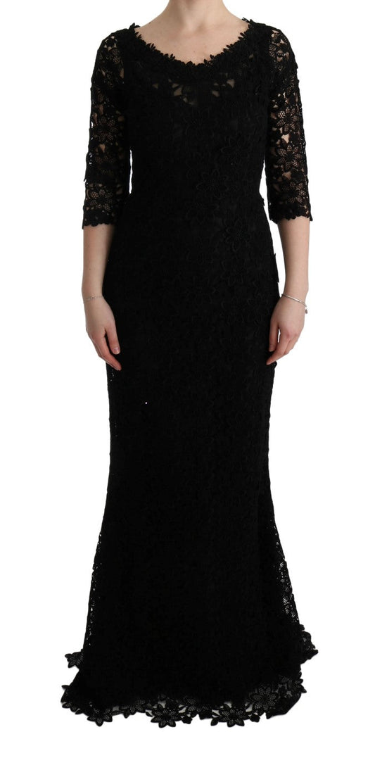 Dolce & Gabbana Black Floral Ricamo Sheath Long Dress