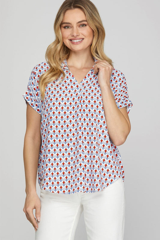 She Sky Full Size Printed Johnny Collar Short Sleeve Blouse Plus Size
