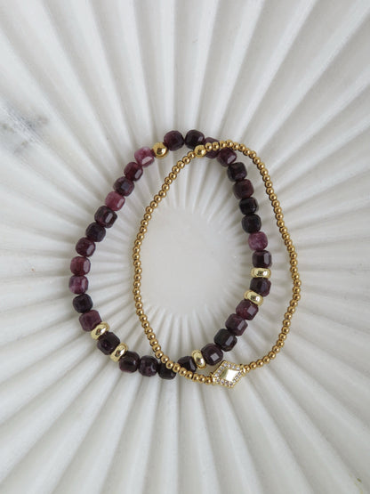 Purple & Gold Beaded Crystal Bracelet Stack - Set of 2 Waterproof Non-Tarnish