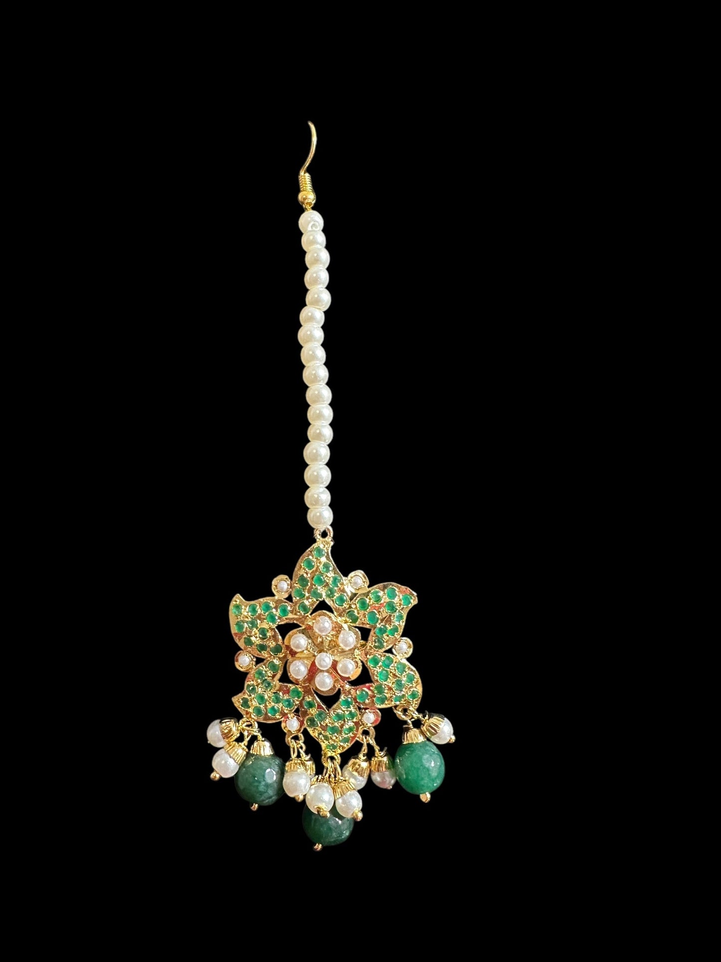 DJET66 Iza Jadau tops and tika set in pearls with green beads ( READY TO SHIP )