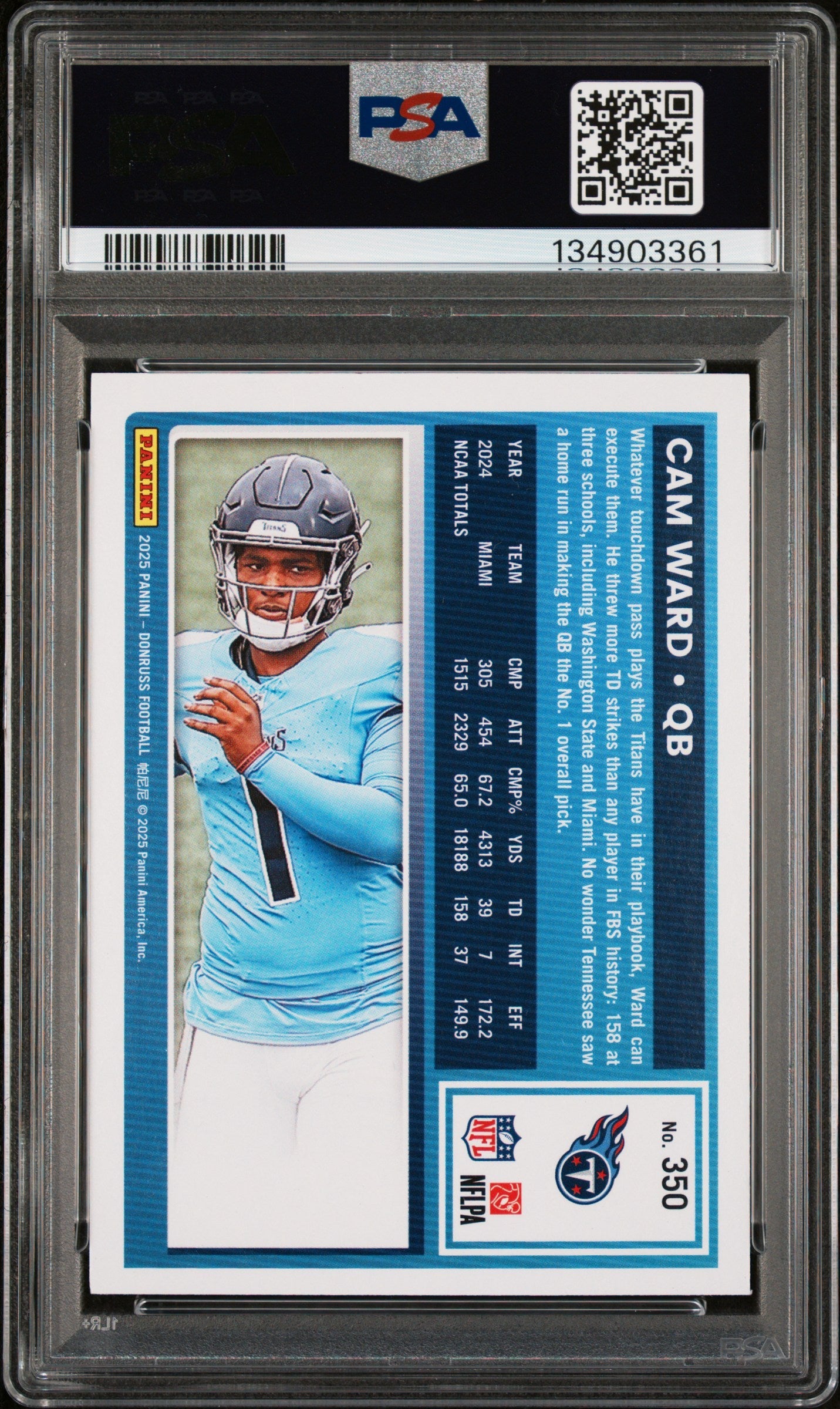 Graded 2025 Panini Donruss Cam Ward #350 Rookie RC Football Card PSA 5 Excellent