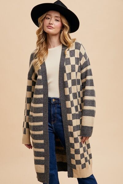 Annie Wear Checkered & Striped Open Front Long Sleeve Cardigan #2