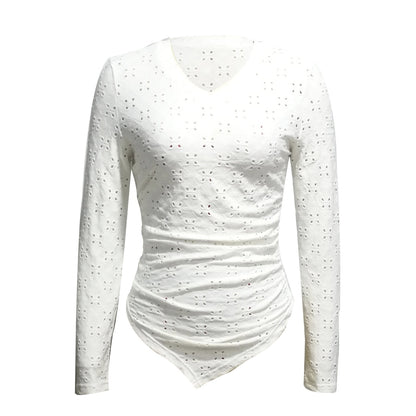 White Eyelet Cutout V-Neck Long Sleeve Top - Polyester Fitted