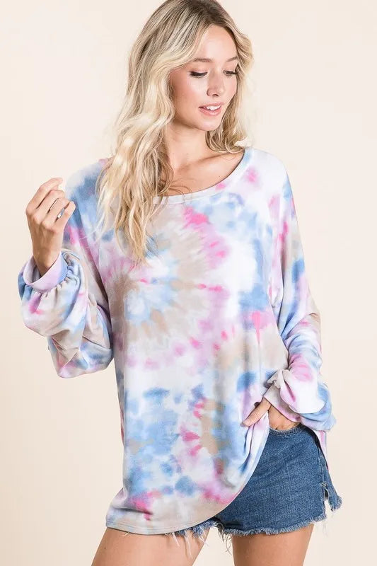 BiBi Tie Dye Print Terry Top With Puff Sleeves
