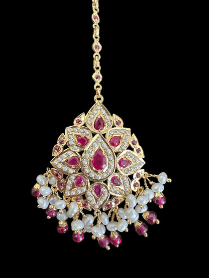 Gold plated silver jadau tikka in pearls and rubies ( SHIPS IN 5 WEEKS )