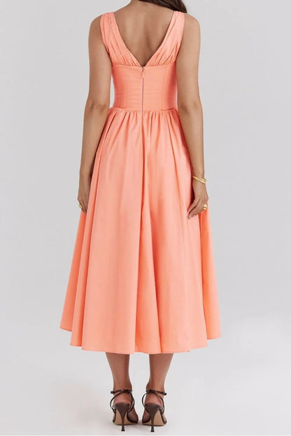 Ruched V-Neck Sleeveless Dress with Pockets