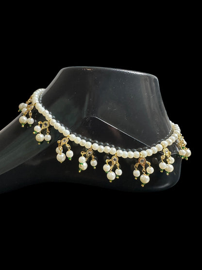 Pearl polki Payal - green beads  ( READY TO SHIP )