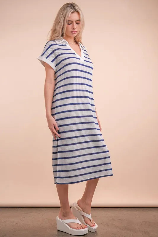 VERY J Oversized Collared Striped Knit Midi Dress