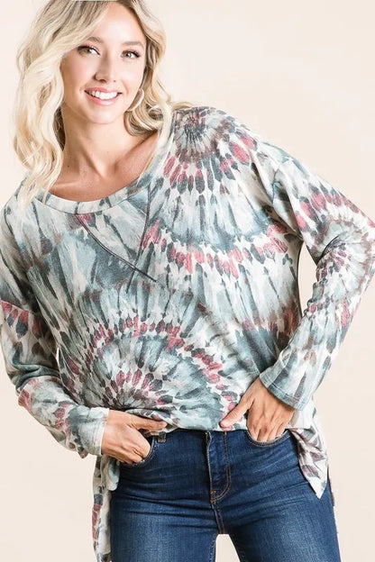 BiBi Tie Dye Terry Top with Contrast Stitching