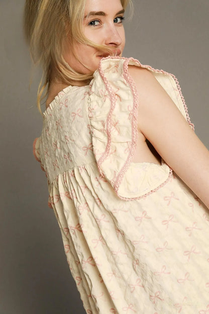 Bow Print Ruffled Cap Sleeve Mini Dress