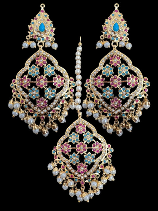 Mehru Jadau chandbali earrings tika in ruby turquoise and pearls ( READY TO SHIP )