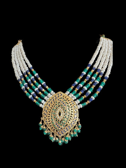 Emerlad sapphire pearl jadau silver necklace set with gold plating ( READY TO SHIP )