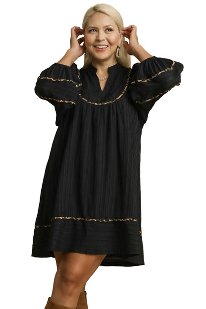 Full Size Textured Babydoll Dress with Leopard Trim Plus Size