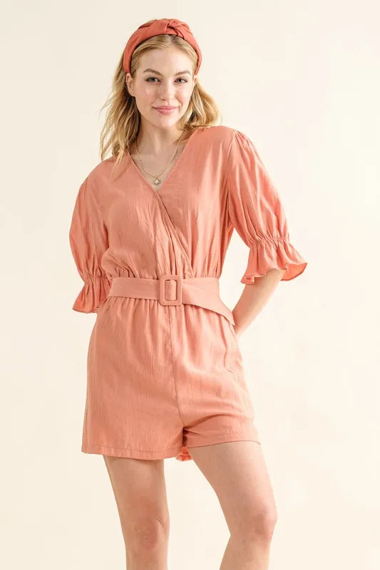 And The Why Flounce Sleeves Romper with Belt