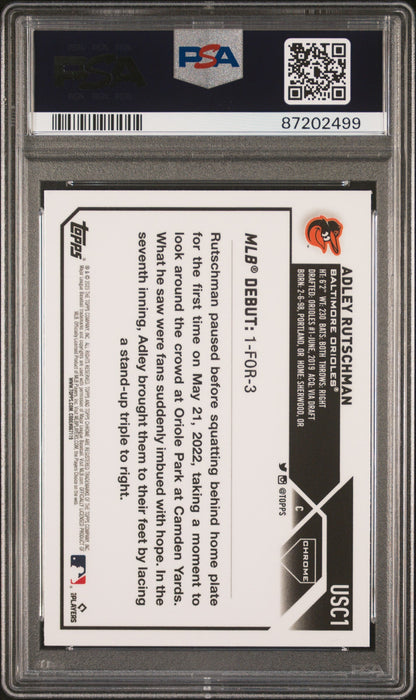 Graded 2023 Topps Chrome Update Adley Rutschman #USC1 Prism Rookie RC Baseball Card PSA 10 Gem Mint