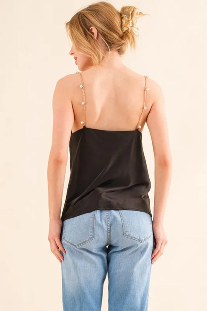 And The Why Faux Pearl Gold Chain Satin Casual Cami Top