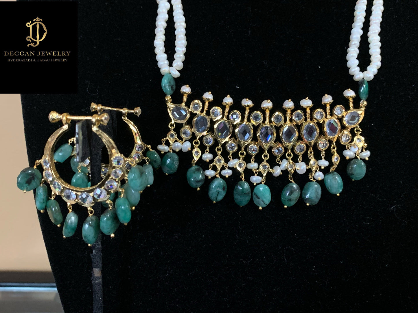 PS301 Tirmani in fresh water pearls and emerald beads ( SHIPS IN 1 WEEK )