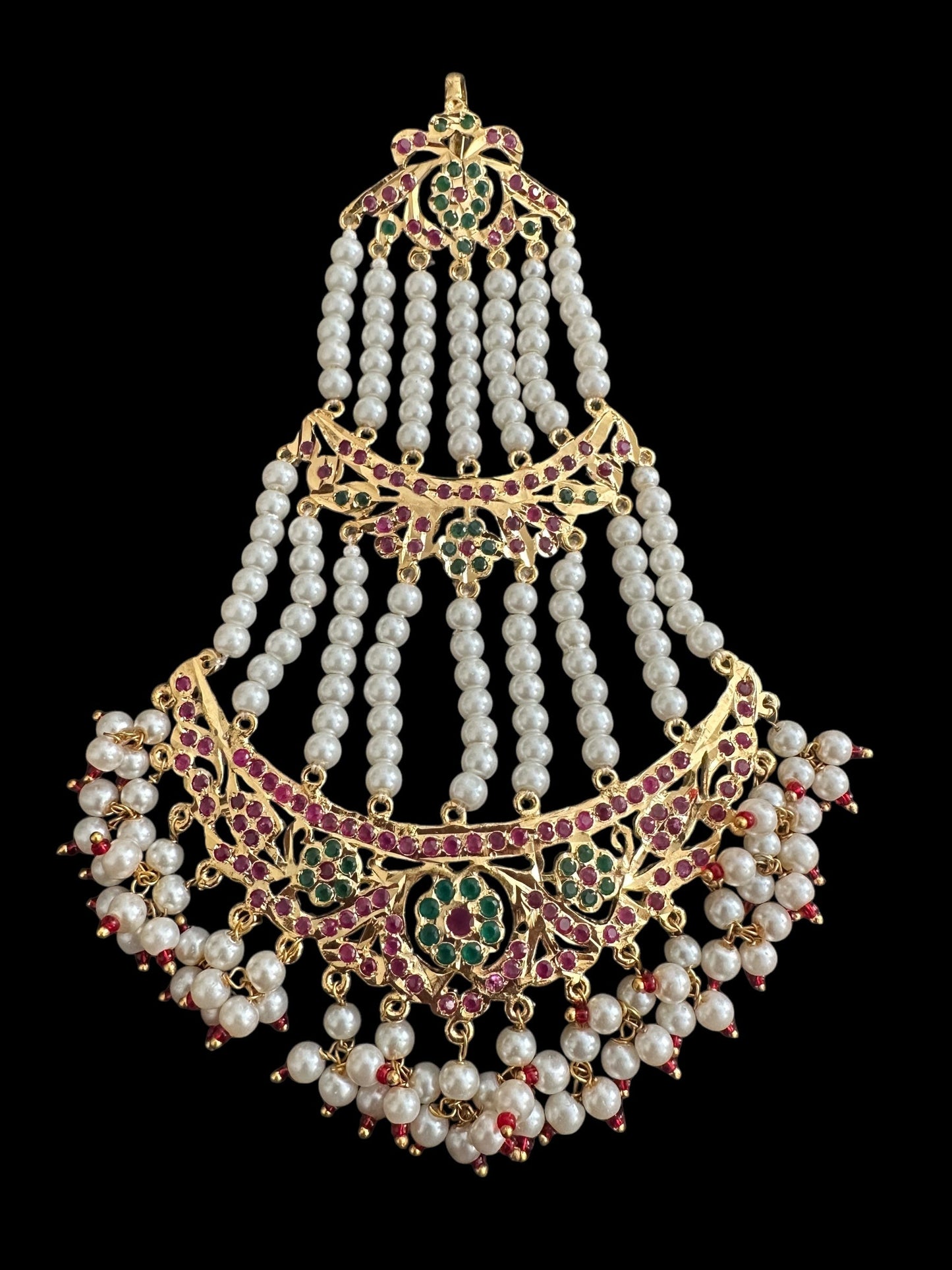 JTK12 AYRA jhoomar and tika in ruby emerald with pearls  ( READY TO SHIP  )