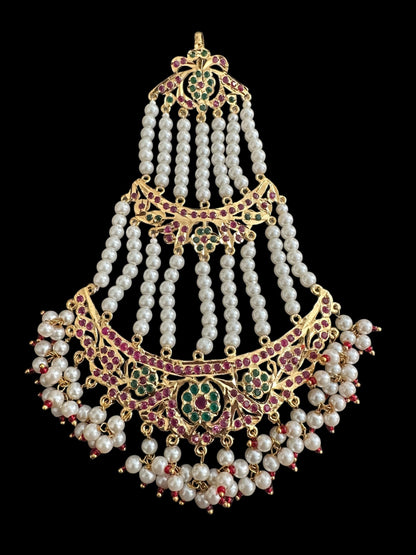 JTK12 AYRA jhoomar and tika in ruby emerald with pearls  ( READY TO SHIP  )