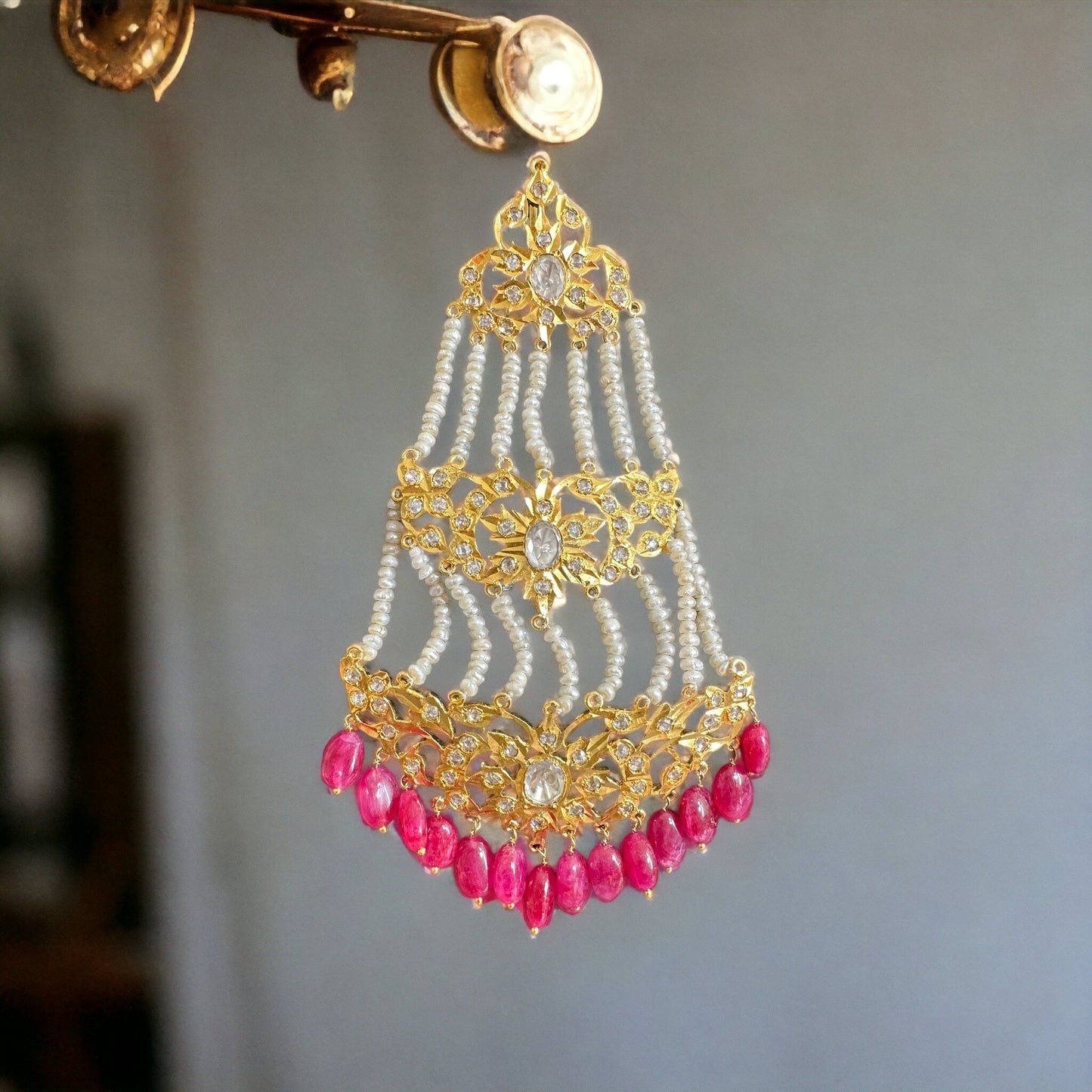 DJHR87 Hyderabadi jhoomar in fresh water pearls and rubies ( SHIPS IN 3 WEEKS )