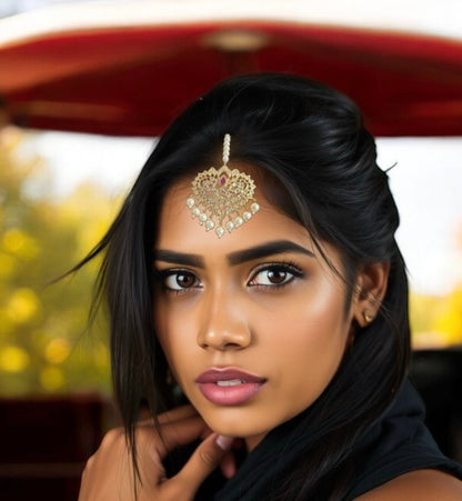 DJTK358 Hiba Gold-Plated Polki Tikka with Ruby & Shell Pearls  ( READY TO SHIP )