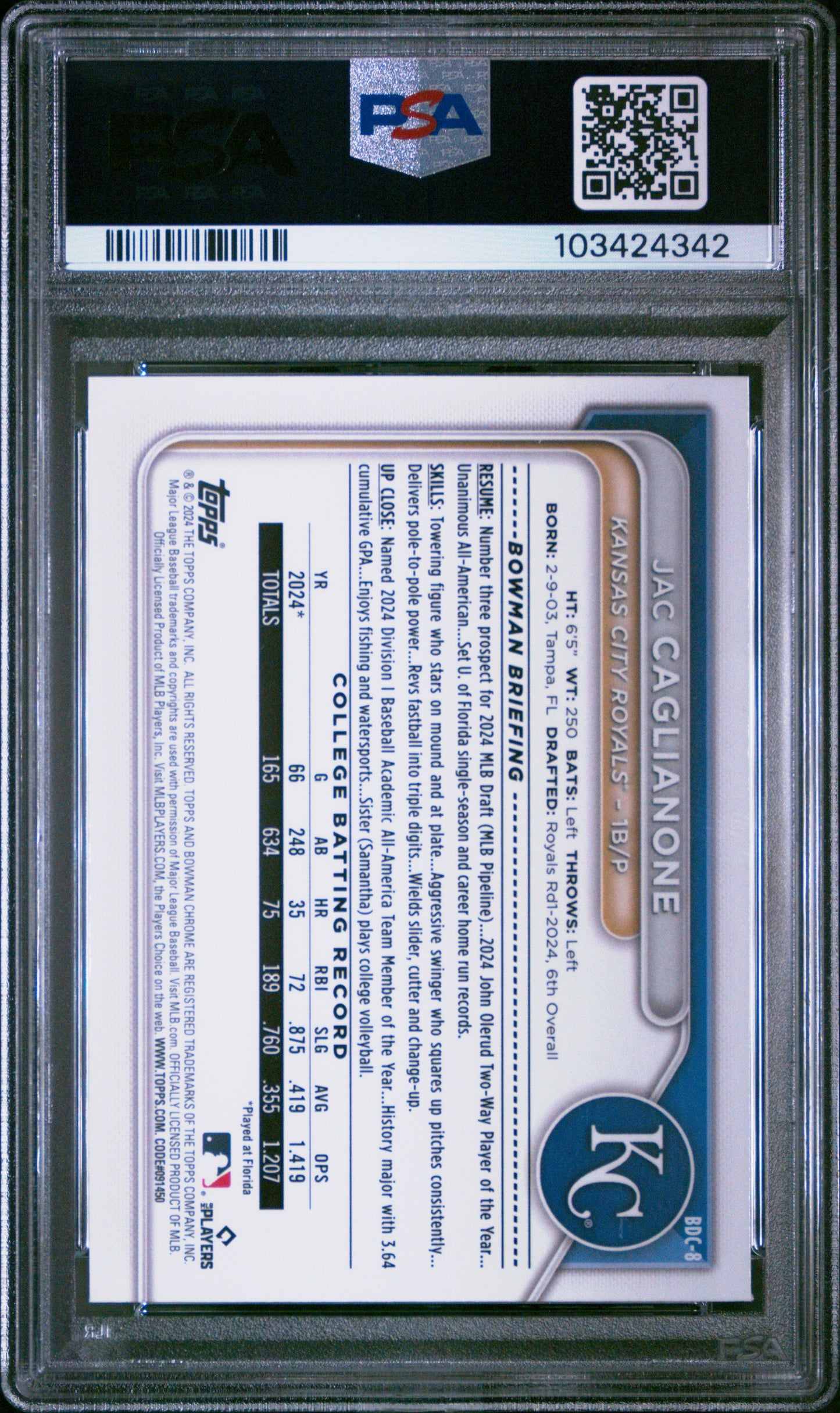 Graded 2024 Topps Bowman Draft Jac Caglianone #BDC8 Chrome Rookie RC Baseball Card PSA 10 Gem Mint