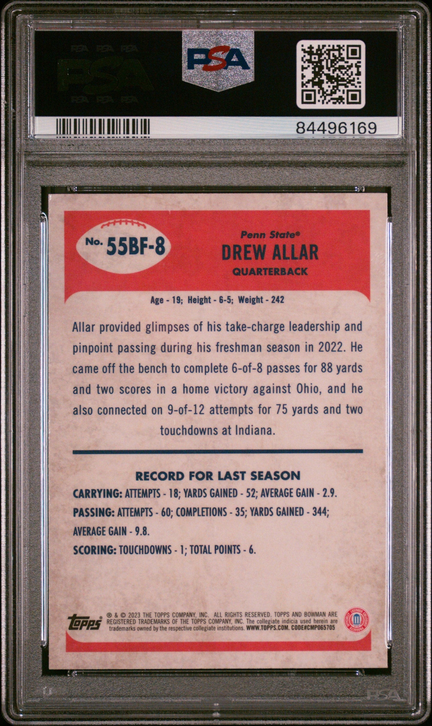 Graded 2023 Topps Bowman U Chrome Drew Allar #55BF8 1955 Bowman Rookie RC Football Card PSA 10 Gem Mint