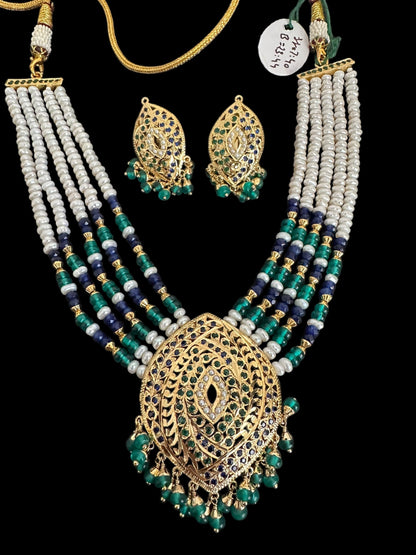 Emerlad sapphire pearl jadau silver necklace set with gold plating ( READY TO SHIP )
