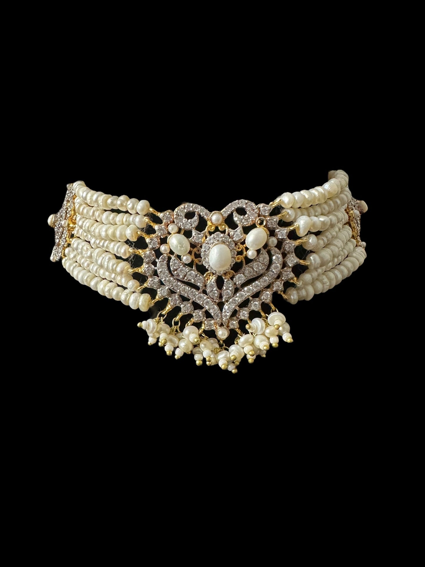 BR464 RAABYA fresh water pearl bridal choker Rani haar set with earrings tika ( READY TO SHIP )