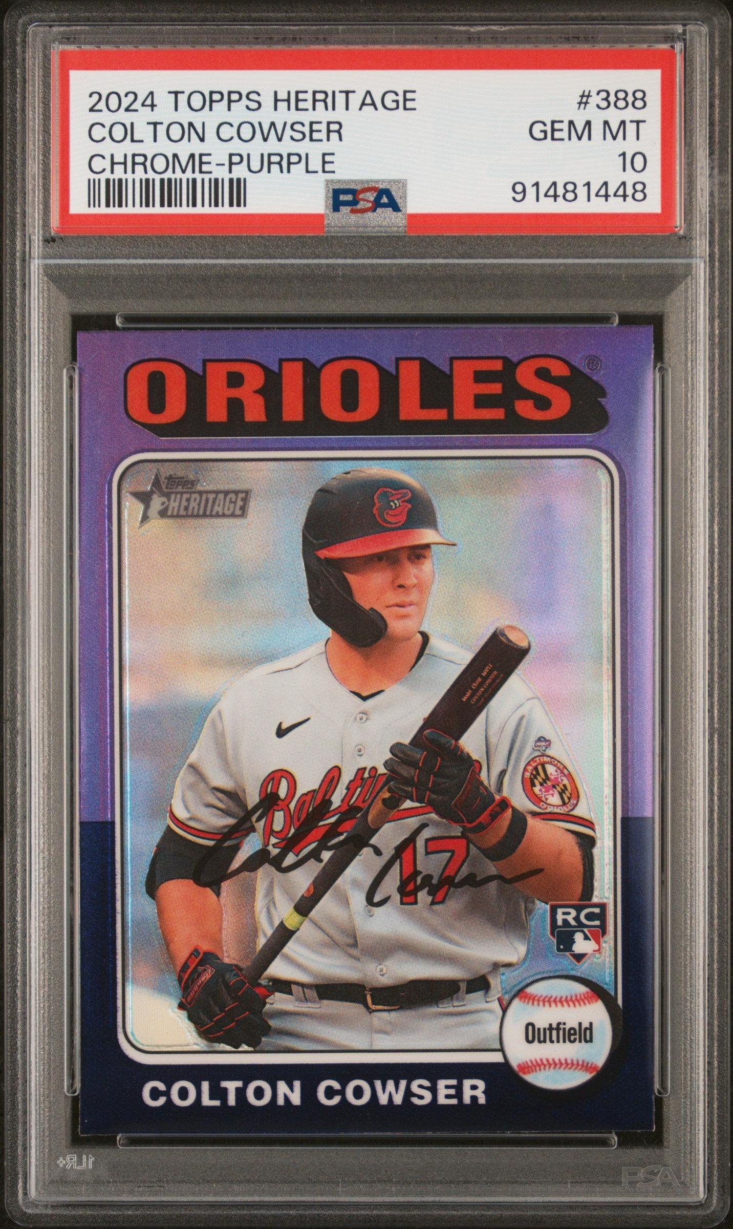 Graded 2024 Topps Heritage Colton Cowser #388 Chrome Purple Rookie RC Baseball Card PSA 10 Gem Mint