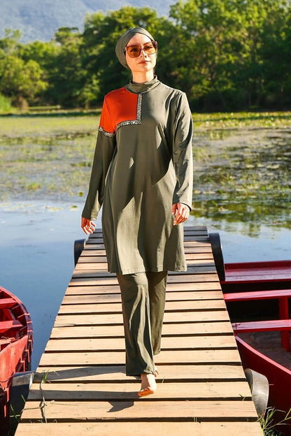 Lycra Khaki Burkini Modest Swimwear M2108