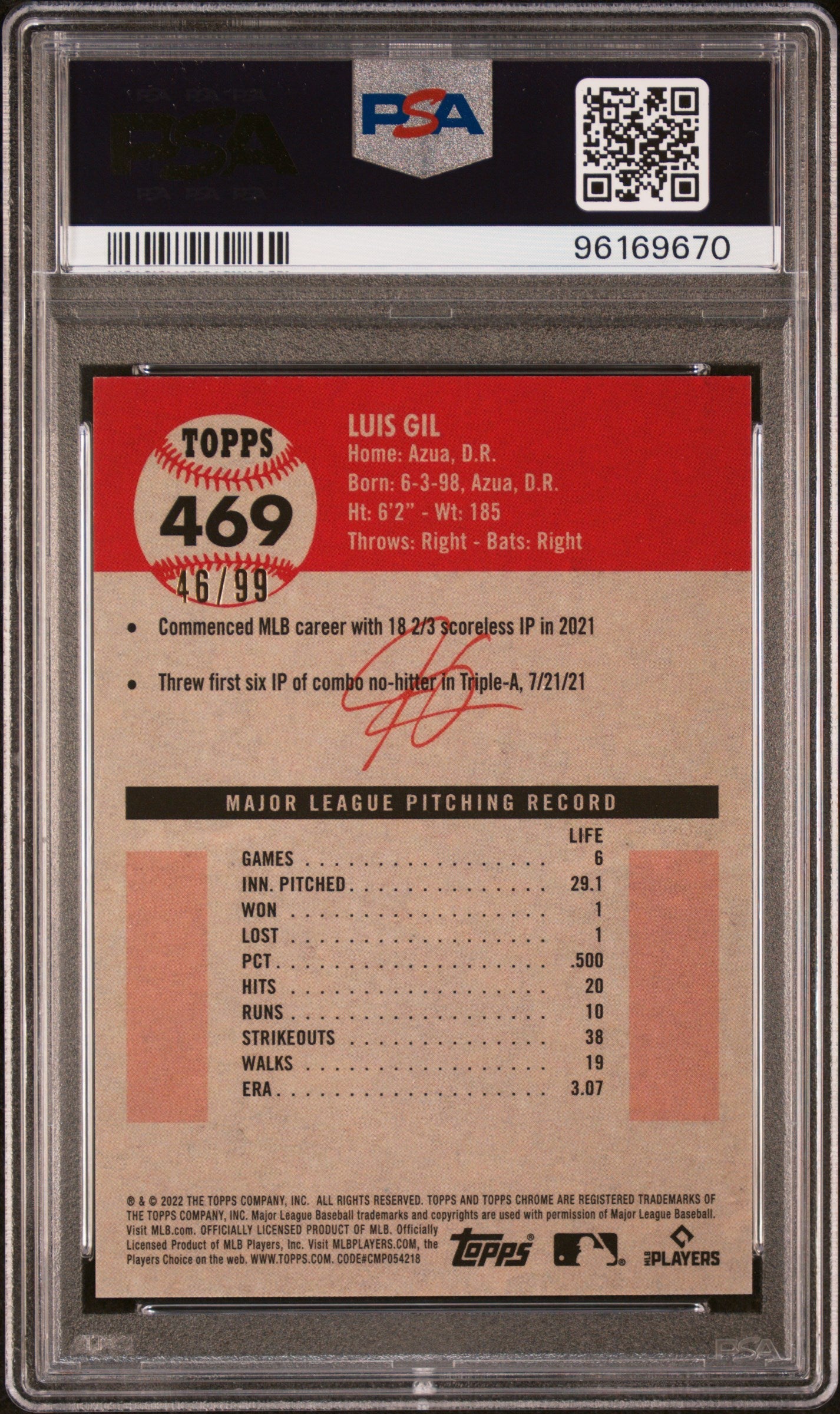 Graded 2022 Topps Platinum Anniversary Luis Gil #469 Green Wave Refractor #/99 Rookie RC Baseball Card PSA 10 Gem Mint