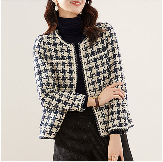 Navy Houndstooth Tweed Blazer Jacket - Round Neck Open Front