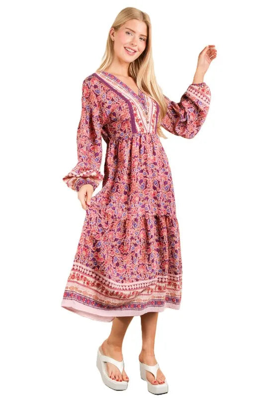 VERY J Floral Printed Boho V-Neck Balloon Sleeve Dress