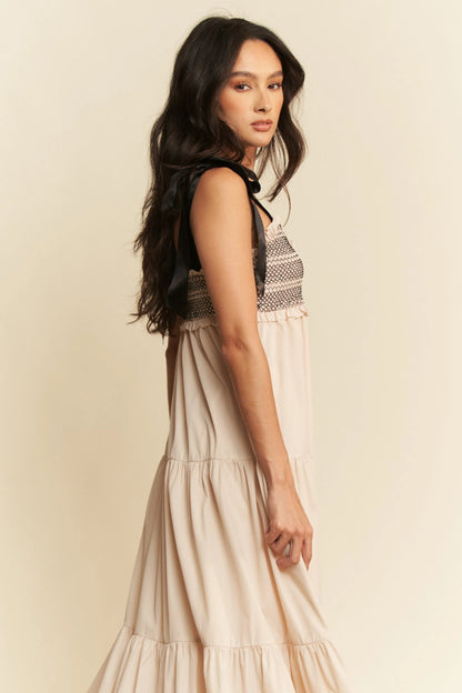 Davi & Dani Multi Contrast Smocked Bodice Straps Maxi Dress