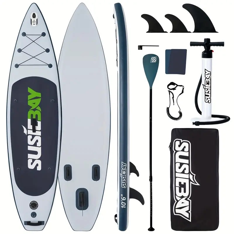 Adult inflatable upright paddleboard, 10.6ft inflatable yoga board, super surfboard with multiple accessories, multi-layer deck, travel backpack, wide upright position suitable for various scenarios, maximum weight capacity of 300 pounds.