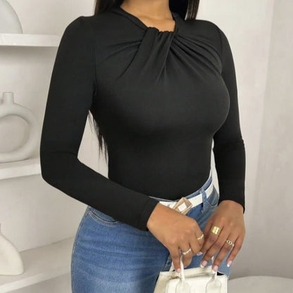 Lightweight Polyester Pleated Collar Slim Fit Long Sleeve Top