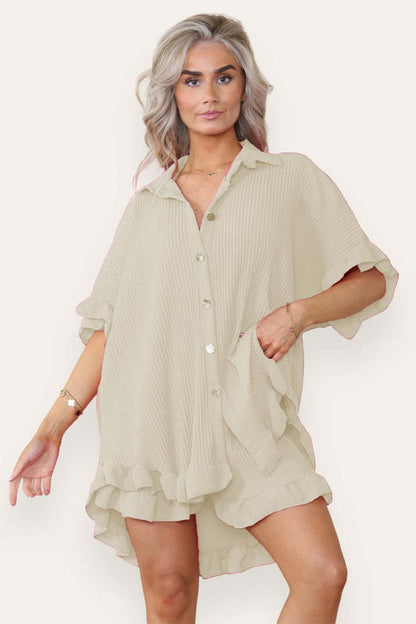Women’s Ruffle Co-Ord Set – Oversized Button Shirt & Shorts