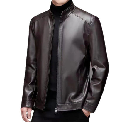Men's Genuine Horse Leather Stand Collar Jacket - Black/Brown