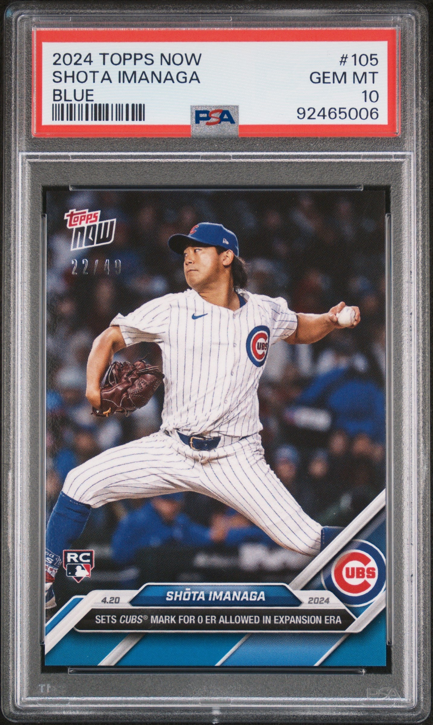 Graded 2024 Topps Now Shota Imanaga #105 Blue #/49 Rookie RC Baseball Card PSA 10 Gem Mint