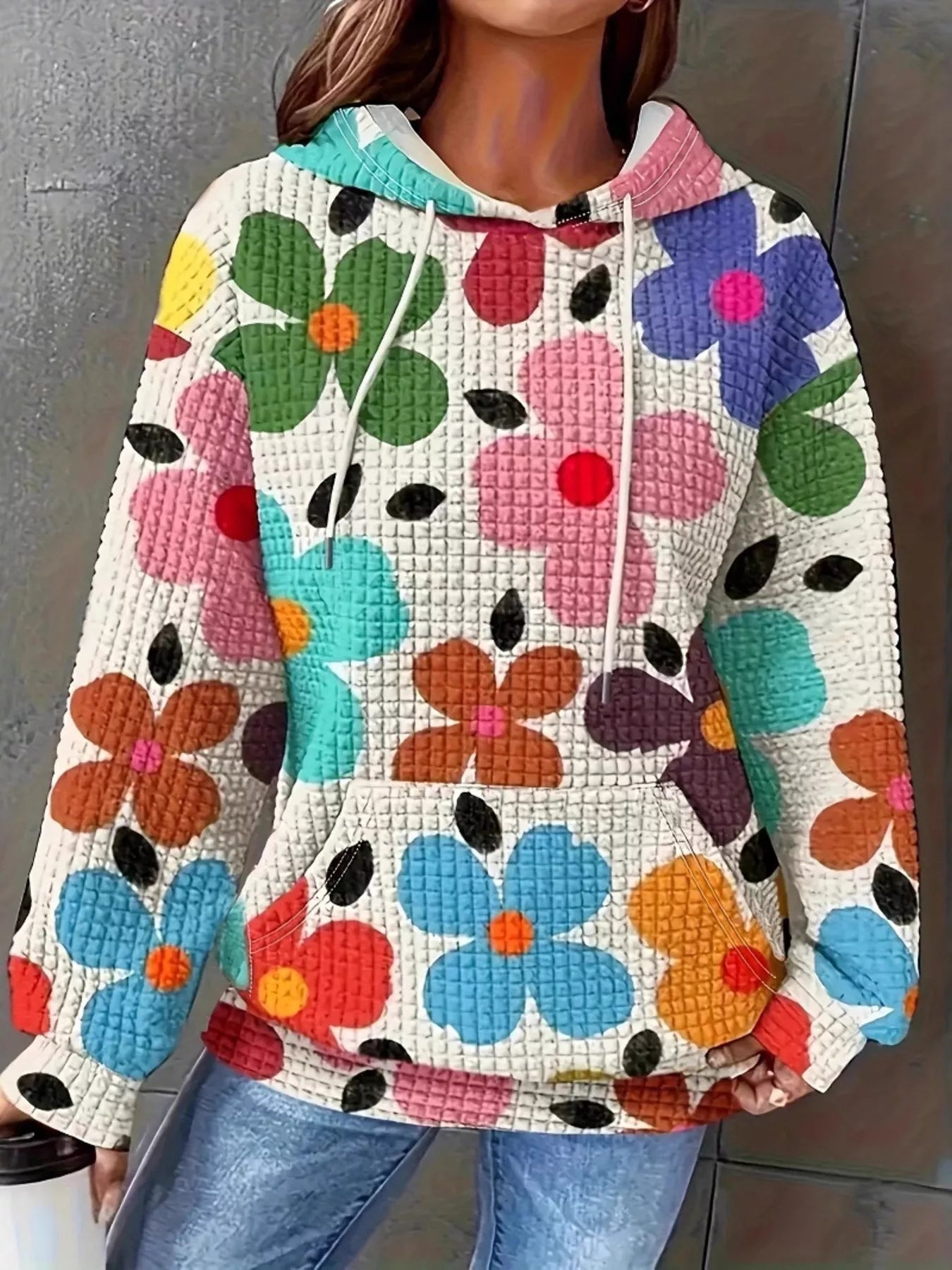 Floral Print Textured Drawstring Hoodie