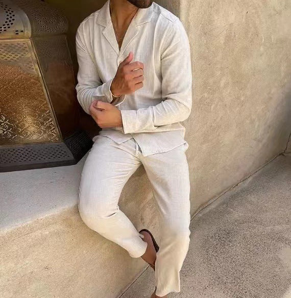 Men's Cotton Long Sleeve Lapel Shirt & Slim Fit Pants Set